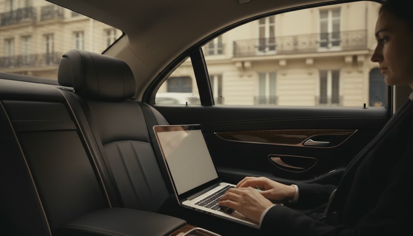 Passager travaillant sur son ordinateur à l'arrière d'une berline dans Paris