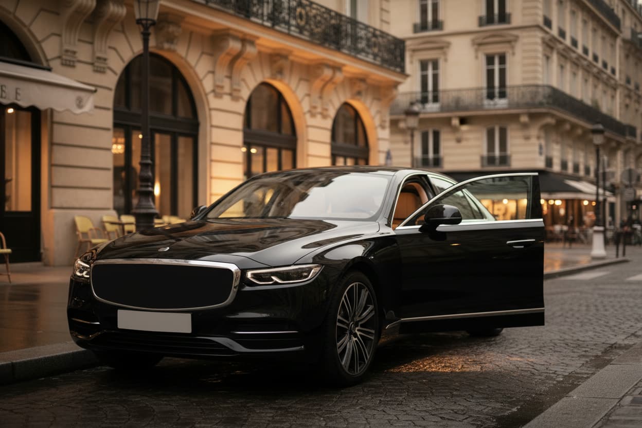 Voiture avec portière arrière ouverte devant un immeuble haussmannien au crépuscule