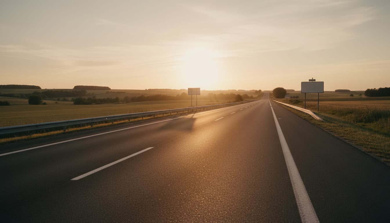 Autoroute française déserte au coucher du soleil