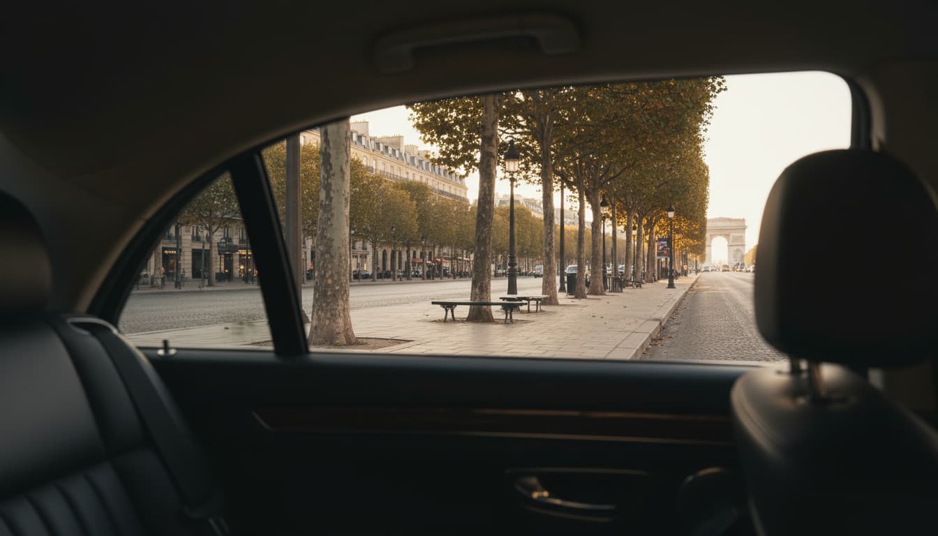 Boulevard parisien vu depuis l'intérieur d'une voiture en fin d'après-midi